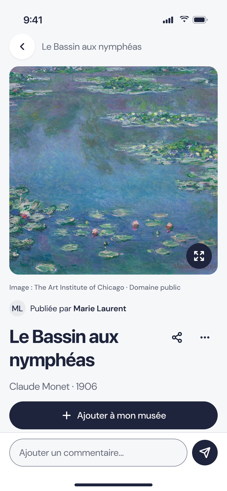 Fiche de l’œuvre Le Bassin aux nymphéas, Claude Monet, 1906, avec sa reproduction en haute définition et le bouton « Ajouter à mon musée ».