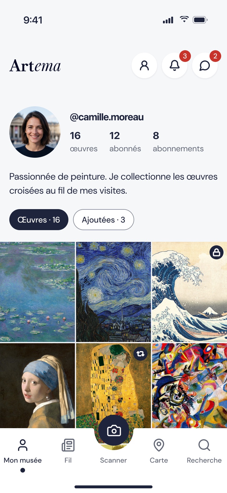 Écran Mon musée : profil d’un membre et grille de ses œuvres scannées, dont Les Nymphéas, La Nuit étoilée et La Grande Vague.