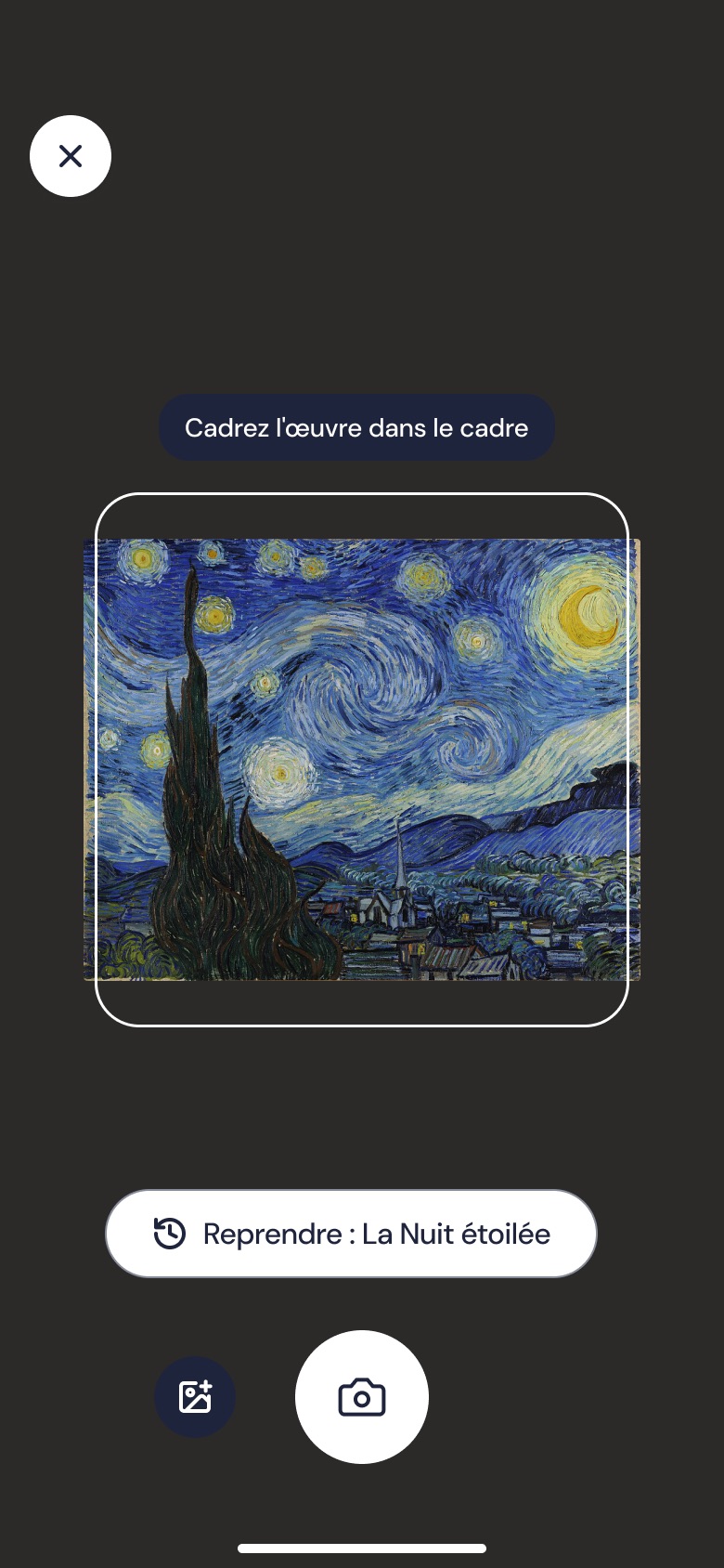 Écran de scan : La Nuit étoilée cadrée dans le viseur, avec la consigne « Cadrez l’œuvre dans le cadre ».